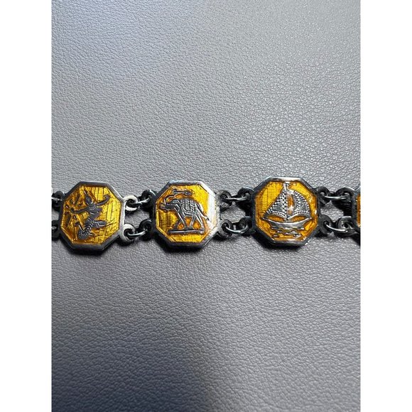 Vintage Sterling Silver Siam Niello Link Bracelet - Yellow Enamel, Thailand - Picture 10 of 16